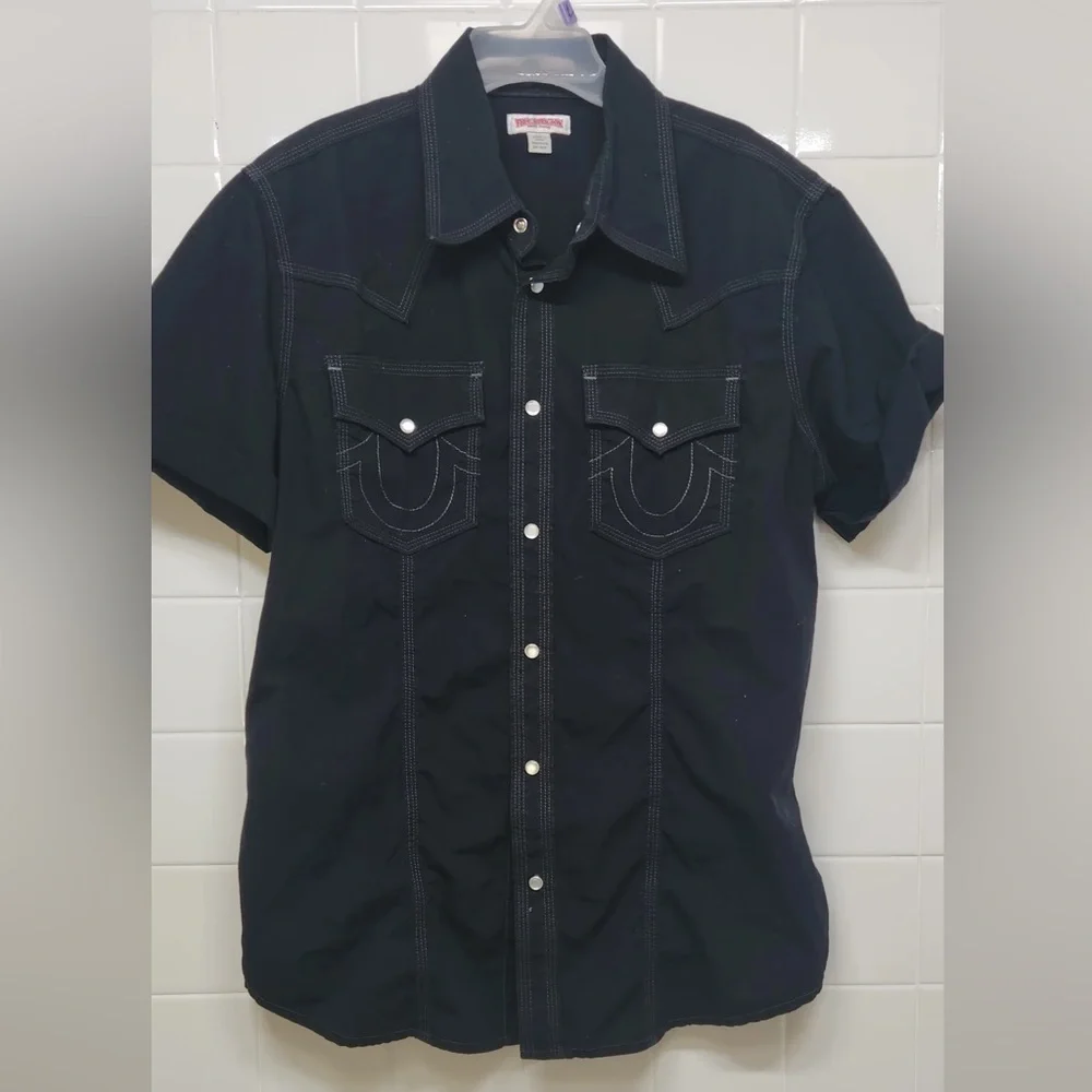 True Religion Big T Western Shirt Black Contrast Stitch Snap Button SS Sz Medium
